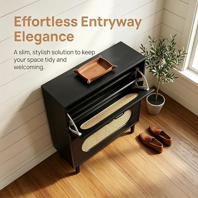 SUNCROWN Shoe Storage Cabinet with 2 Flip Drawers, Freestanding Narrow Shoe Rack Organizer for Entryway, Natural Semi-Circular Rattan Doors with Adjustable Shelves, Black