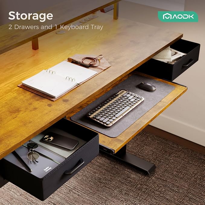 AODK 55 Inch Standing Desk with Drawers & Keyboard Tray, Rustic Brown | 3 Outlets & 2 USB Ports, 20-Mode LED Lights, Monitor Stand, Cable Management Tray, 3 Memory Heights, 29.9"-46.1" in Range