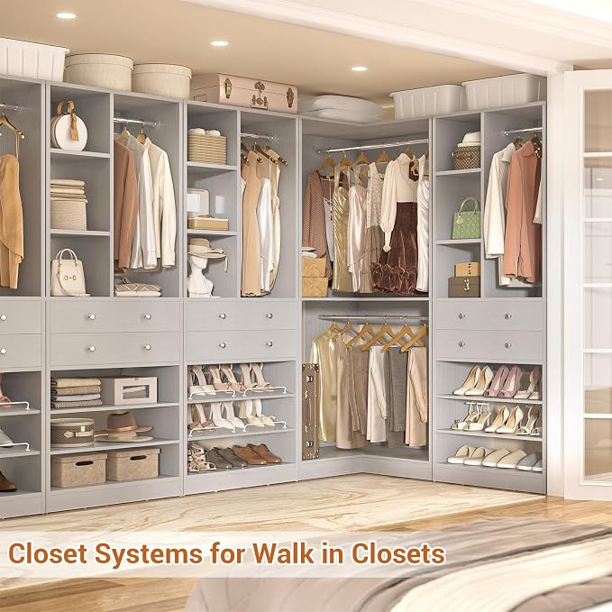 Besiost Closet System with 2 Drawers, 3 Hanging Rods, 59.5" * 31.5" Closet Organizer System with Corner Tower, Reversible L Shaped Walk-in Closet System, Corner Closet System Set of 2, Morandi Grey