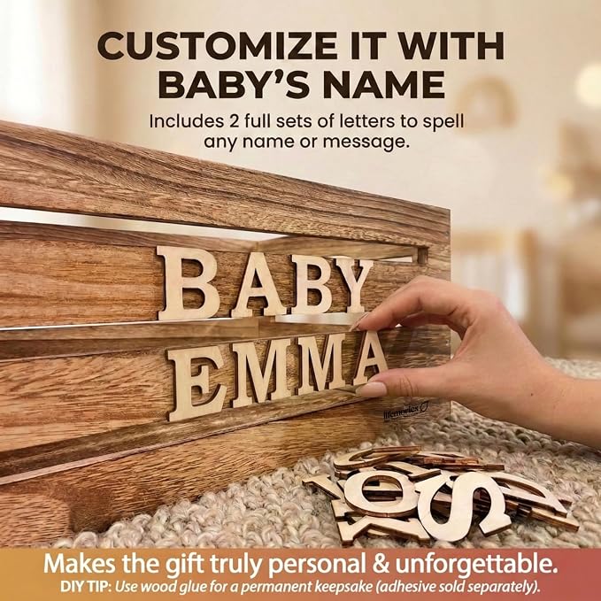 Wooden Baby Shower Crate Closet & Basket with Hanger Rack - Customizable Gift Basket with 2x Alphabet Letter Sets, Hangers, Dividers, Ivy Garland,Nursery Decor Girls Boys(Rustic Burnt Wood)