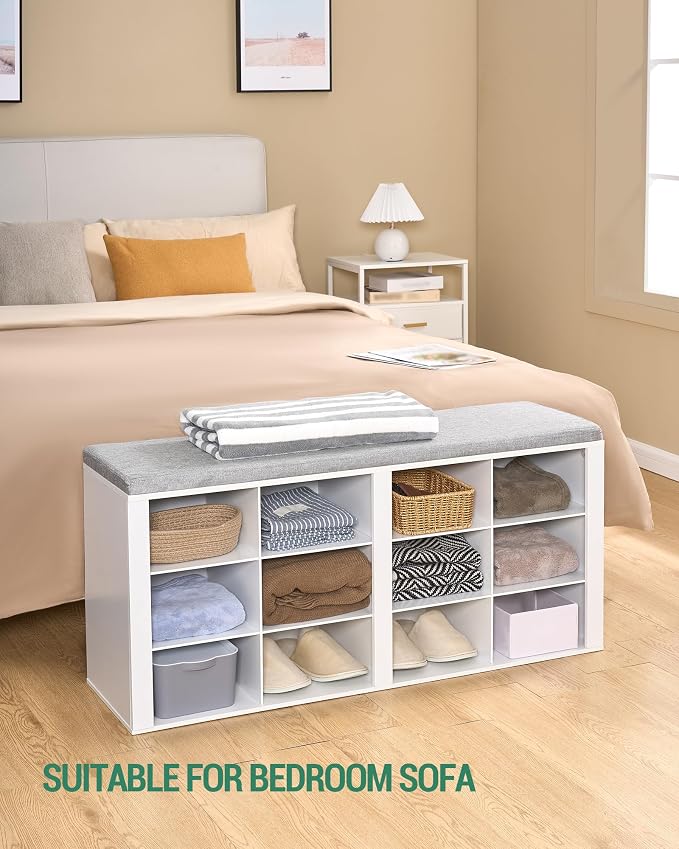 Hzuaneri Shoe Storage Bench, Entryway Shoe Rack with Cushion and Cubbies | entryway shoe rack bench cabinet with 12 cubbies and adjustable shelves for bedroom, living room, White SB19003GY