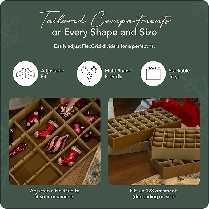 Covermates Keepsakes Adjustable Ornament Storage Bag – Heavy-Duty Polyester, Padded Dividers & FlexGrid Trays – Protective Holiday Ornament Organizer with Handles & Label Window, Red Snowflake