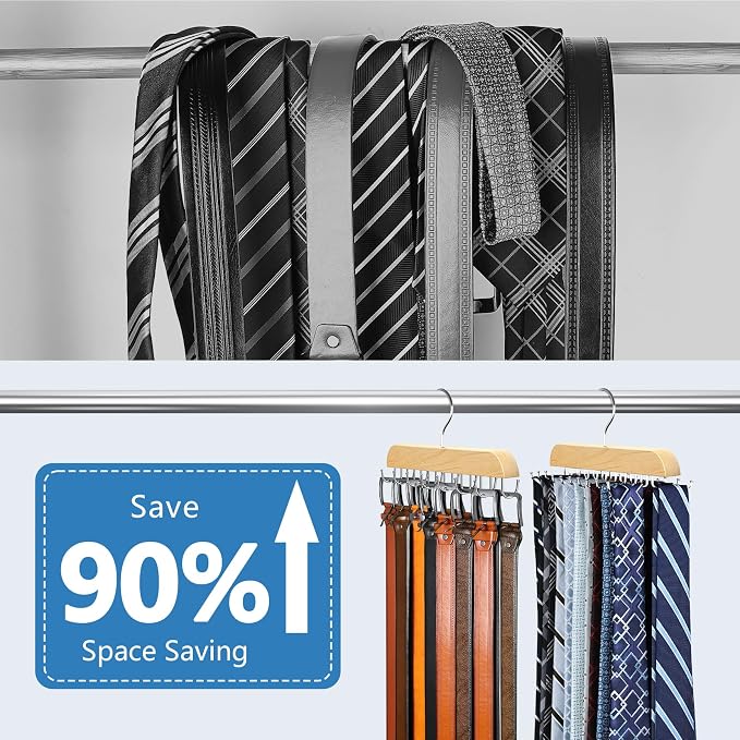 Tie Rack & Belt Hanger 2 in 1 Tie Hanger Space Saving Max 42 Belts& 60 Ties Capacity for Closet Organizers and Storage, Sturdy Wood Belt & Tie Collection Organizer(Wood, 2Pack)
