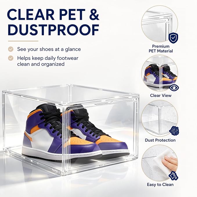 12 Pack Drop Front Shoe Boxes Acrylic Box Sneaker Case Size 12, Transparent Display Cases for Sneaker Collections, Baseball Caps, Hat Organizer Dust-free Shoe Cubbies Stackable Sneaker Boxes