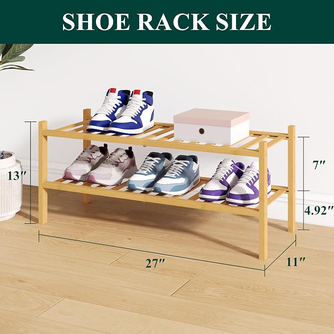 Smiry Bamboo Shoe Rack for Closet, 2 Tier Wooden Shoe Organizer, Stackable Wood Shoe Storage Shelf for Entryway, 14 Vertical Slats, One-piece Heavy-Duty Legs, 26.77"x11.02"x12.99", Natural