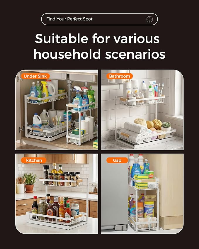 Sevenblue 3 Pack Under Sink Organizer, Multi-Purpose 2 Tier Pull-Out Metal Under Kitchen Sink Organizer, Height Adjustable Storage Shelves for Kitchen Bathroom Cabinet (White)