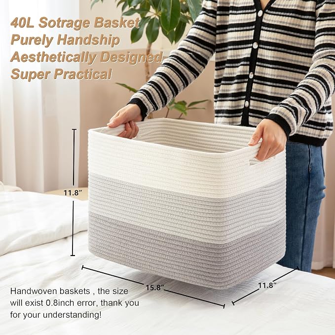 Storage Baskets for Organizing, Large Woven Basket for Shelves, Toy Basket with Handles,Closet Storage for Blanket Living Room, Bedroom, Nursery, 15.8" x 11.8" x 11.8", 2 Pack