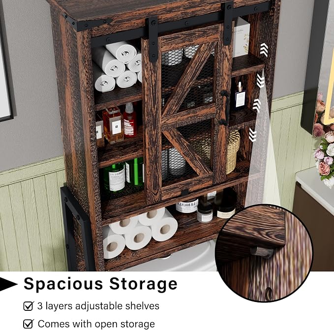 kepptory Over The Toilet Storage Cabinet with Sliding Barn Door, Over Toilet Bathroom Organizer with Adjustable Shelves and Metal Frame, Farmhouse Space Saver The Toilet Rack (Brown)