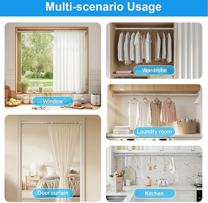 1Pack Tension Rods 31-76 Inch, Spring Loaded Curtain Rods Non-slip, Expandable Curtain Rod Tension No Drilling, Curtain Tension Rod For Window, Doorway, Kitchen, Tension Curtain Rod Silver