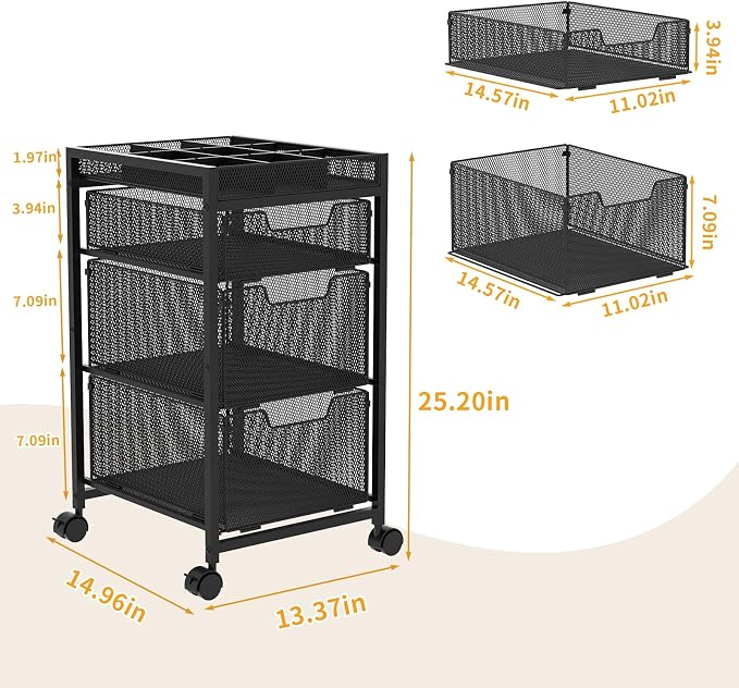 JKsmart Rolling Makeup Cart Organizer with 3 Drawers, Cosmetics Display with Dividers, Floor Skincare Storage with Wheels, Versatile Vanity Organizer for Nail Polish Perfume Brush Hair Tool, Black