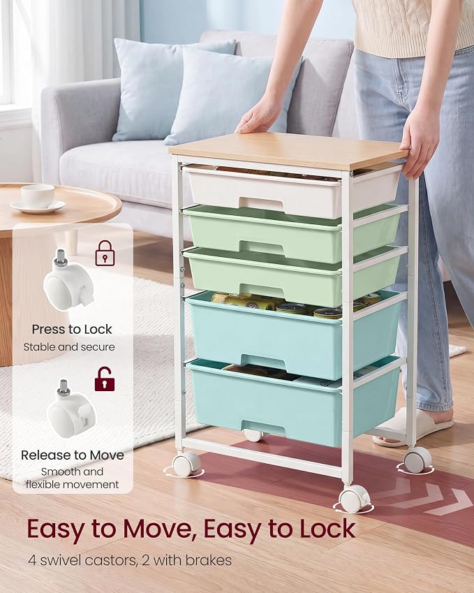 VASAGLE 5-Drawer Rolling Storage Cart, Mobile Organizer Trolley with Wood Top and Metal Frame, for Craft Room, Office, 15.6 x 11.2 x 24.8 inch, Green and White, Benco Collection ULRC005C101