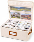 FANGSUN Photo Storage Box with Lid, Stores 2000+ 4x6 Pictures, Dual Mesh Pockets for Larger Prints, Linen Photo Organizer with Dividers, Labels & Side Handle for Family and Travel Memories