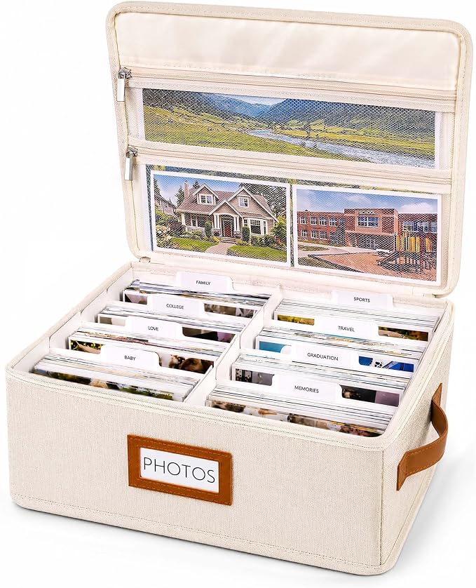 FANGSUN Photo Storage Box with Lid, Stores 2000+ 4x6 Pictures, Dual Mesh Pockets for Larger Prints, Linen Photo Organizer with Dividers, Labels & Side Handle for Family and Travel Memories
