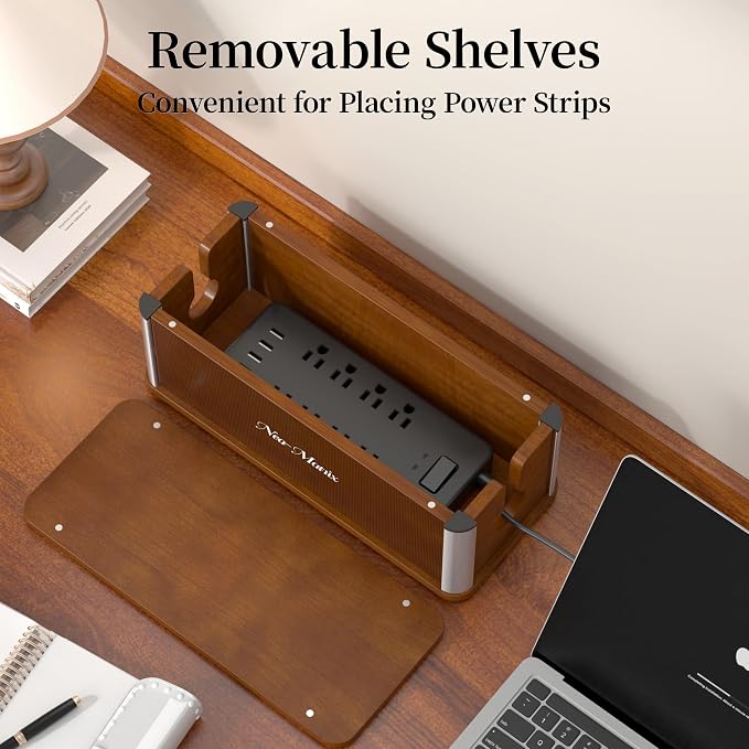 Delamu Wooden Cable Management Box, Retro-Inspired Cord Organizer Box for Home Office, Large Cord Hider Box Hides Floor Cord and Power Strips, Floor Cord Covers, 14.3" x 6.0" x 5.5", Dark Brown