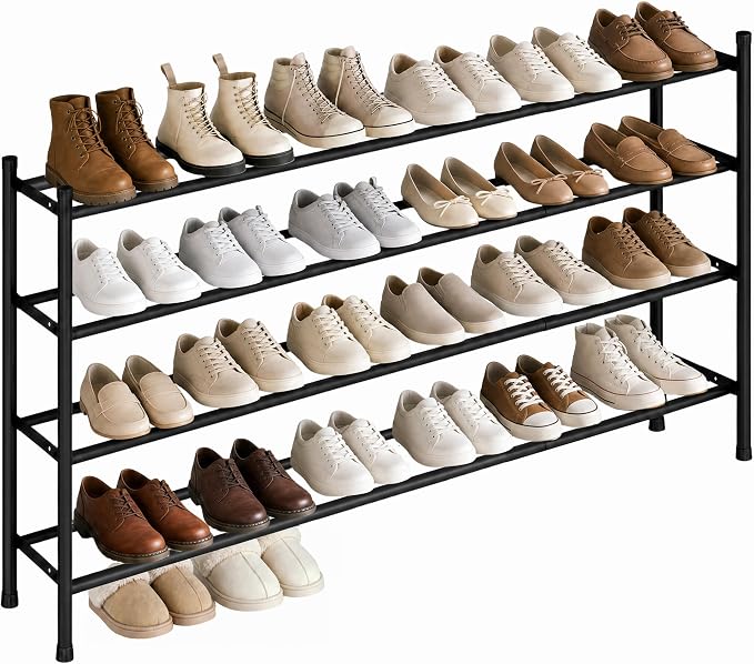 STORAGE MANIAC Long Expandable Shoe Rack, 24 Pairs Metal Wide Stackable Shoe Rack, Adjustable Shoes Shelf, Freestanding Shoes Organizer for Closet, Entryway, Hallway, Garage, Front Door, 4 Tiers