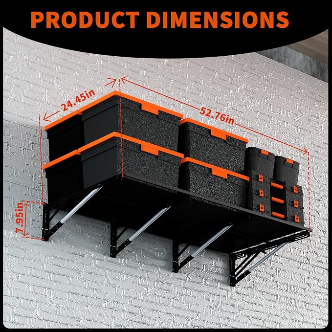 Heavy Duty Foldable Garage Storage Shelves Wall Mounted Metal Rack Unit Organizer with Removable Edge Barriers, Adjustable System for Corner Wall Use, 52.76 Inch Long 24.45 Inch Large