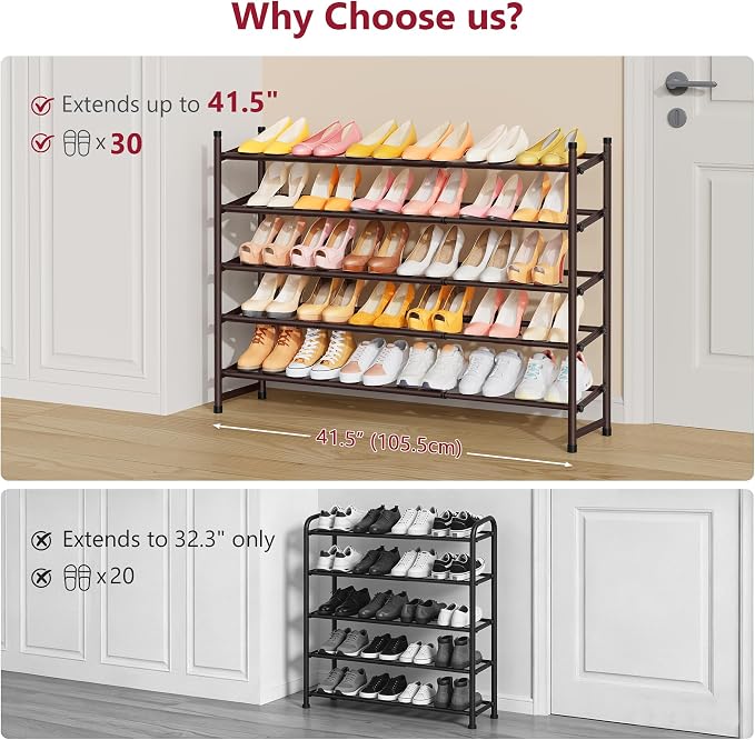 Tajsoon Expandable Shoe Rack for Closet 5 Tier, 28“-41“Stackable, Bronze | Adjustable Shoe Organizer Closet Shoe Rack Floor, Metal Shoe Shelf Storage for Entryway, Closet, Garage, Front Door Entrance