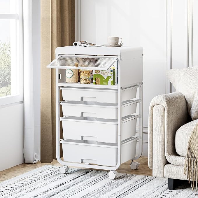 SYKIARIOL Utility-Rolling-Storage-Drawer-Craft-Cart-Organizers with 4 Drawers & Dust-proof Door for Kid Craft Art Room,Bedroom,Home Office, 4 Tiers Drawer cart, White