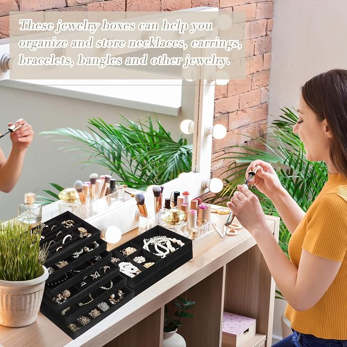 Junkin 18 Pcs Jewelry Drawer Organizer Inserts, Stackable Jewelries Inserts for Dresser Drawers, Drawer Insert Organizers Velvet Jewelry Trays for Rings Earring Bangle Necklace(Black)