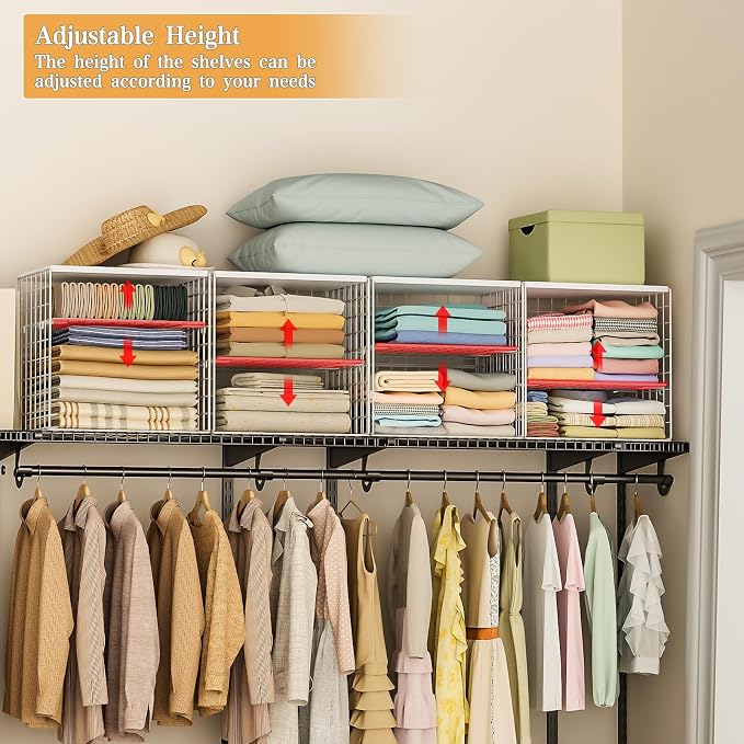 Huxitocan 4-Tier Stackable Closet Organizers and Storage Shelves, Closet Storage Basket with Wood Tops, Adjustable Height Dividers Closet Storage Bins for Home Closet Organizer System, White