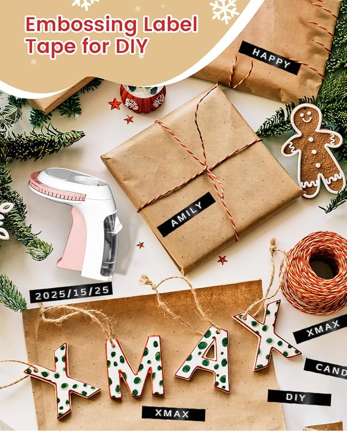 Embossing Label Maker Manual, Vintage Embossed Label Maker Pink, Retro Embosser Handheld Labeler with 3 Black Tapes 3/8Inch for DIY Scrapbooking, Kids Teachers Practical Gift, Home Office School Use