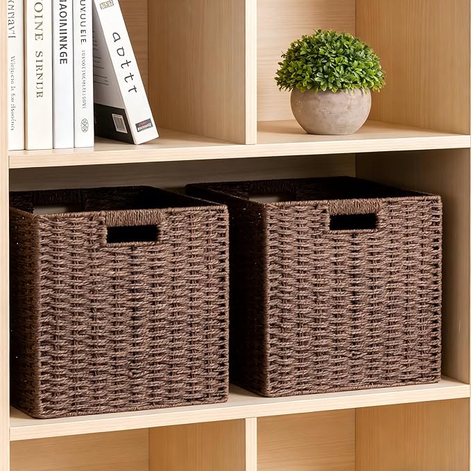 UBBCARE 2 Pack Wicker Basket, 11L×11H×10.5W inch Woven Paper Rope Storage Baskets for Shelves, Foldable Cube Storage bin with Handle, Storage Basket for Organizing & Decor, Brown