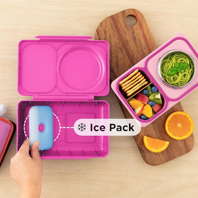 Omie OmieBox UP bento Box for Kids | Insulated Lunch Box | Leak Proof Vacuum Insulated Thermal Food jar | Cooler ice Pack | 2 Compartments (Pop Pink)