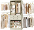 Besiost Closet System, 4.2–8.8 FT Closet Organizer with 2 Wooden Drawers and Shelves, Walk-in Closet System with 5 Hang Rods, Built-in Closet Tower, Can Fit 60 to 96 inch, Greige Oak