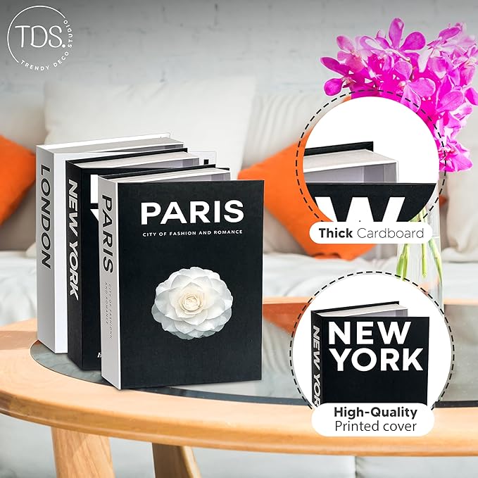 Decorative Fake Books for Minimalist & Coffee Table Decor - Designer Set of 3 (Cities) with Hidden Storage