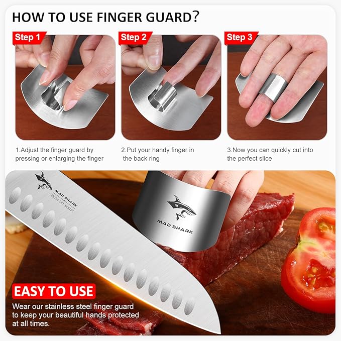 MAD SHARK 2pcs Chef Finger Guards for Cutting aid, Stainless Steel Protectors for Cutting, Avoid Hurting, Slicing and Chopping Kitchen Tools