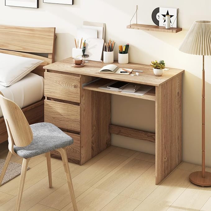 DREAMADE 42" Computer Desk with 3 Drawers and Keyboard Tray, Natural | Wood Study Desk with Storage, Built-in Charging Station & Slide Out Tray, Writing Table for Home Office Studyroom & Bedroom