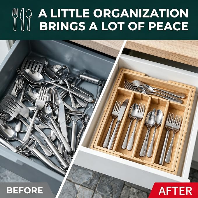 Expandable Silverware Organizer | Upgraded Bamboo Kitchen Drawer Organizer, 12.5"-21" Adjustable Utensil Tray