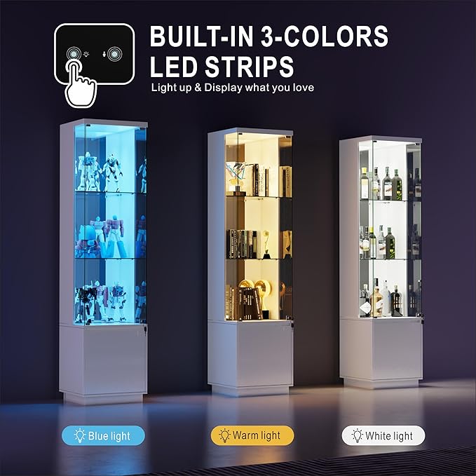 Lvifur Lockable Curio Display Cabinet with Glass Door,65" Lighted Curio Cabinet with 3 Color Lights for Collectibles,3-Tier Glass Display Case with Human Body Sensor for Living Room,White