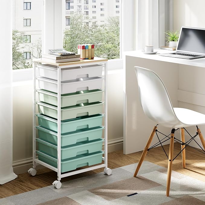 Storage Cart with 8 Drawers, Utility Cart with White Drawers and Wooden Tabletop, Craft Cart, Teacher Organization for Classroom, Storage Furniture, Office Organization, Green