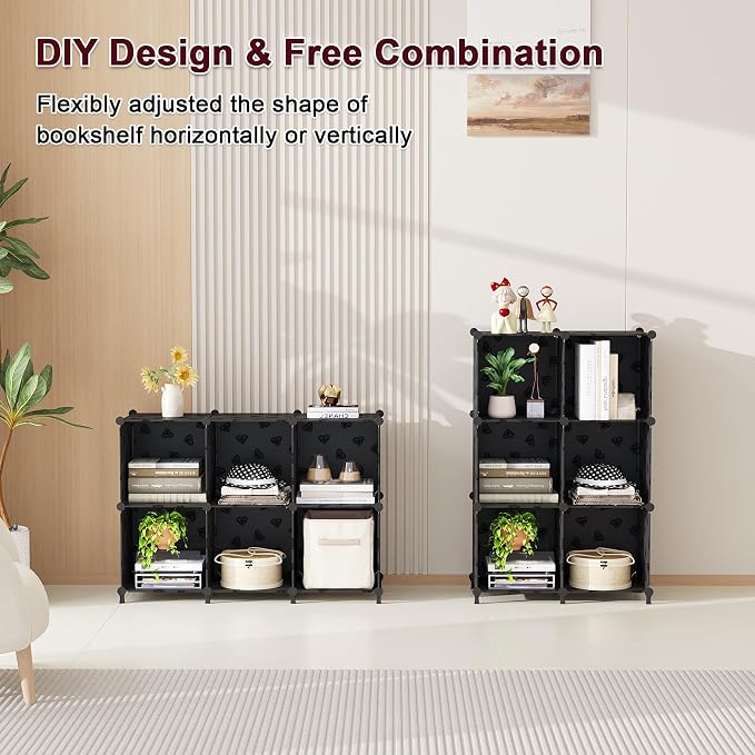 UNKU Cube Storage Organizer, 6 Cube Closet Organizer Storage Shelves, DIY Stackable Bookcase, Clothes Organizer Shelf for Closet, Bedroom, Living Room, Cabinet, Home, Office, Black