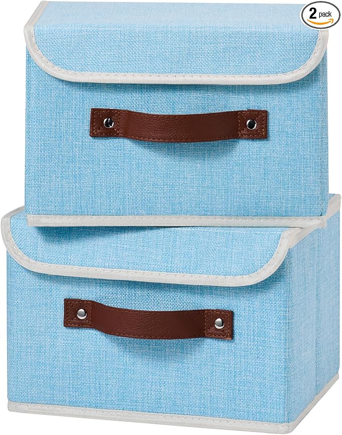 2PCS Storage Boxes with Lid Cotton Linen Fabric Storage Bins Organizer Container Decorative Collapsible Washable Shelf Closet Baskets Faux Leather Handles Home Bedroom (Light Blue, Small)