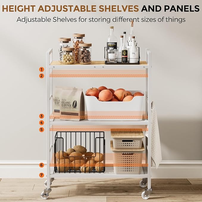 3-Tier Metal Storage Rack with Industrial Wheels,Mesh Shelving Unit with Wooden Table top,Adjustable Shelf,23.6-Inch Width,15.8-Inch Depth, for Kitchen, Laundry,Pantry,Plant,white