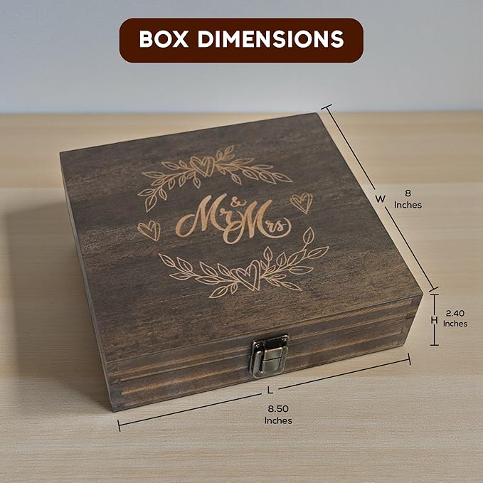Mr and Mrs Wedding Memory Box- Wooden Keepsake Box with Lid for Couples, Rustic Storage Box for Cards, Photos & Mementos, Wedding Anniversary & Engagement Gift- 8.5 x 8 x 2.4 Inches