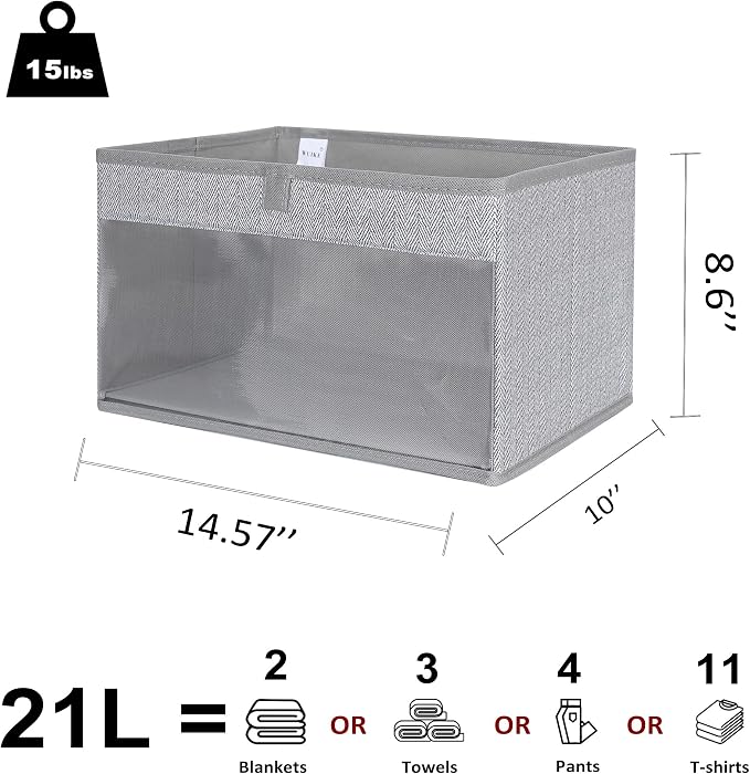 WUIKE 3 Pack Large Fabric Storage Baskets with Window, Herringbone Gray | Foldable Closet Storage Bins with Handles for Clothes, Towels, Blankets, Shelves and Linen Closet Organization