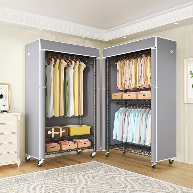 FUTASSI Black Clothing Rack with Grey Cover, P1C Rolling Closets with Wheels, Metal Garment Rack for Hanging Clothes, Clothing Storage Wardrobe, 36.2" W x 16.5" D x 80.5" H, Load 450 Pounds