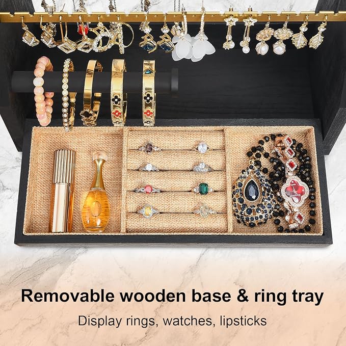 DGWJSU Jewelry Organizer Stand, 5 Layer Earring Holder Organizer with Necklace Holder, Rustic Wood Earring Organizer Display for Stud Earring Bracelet Necklace Ring, Watches (Black Gold)
