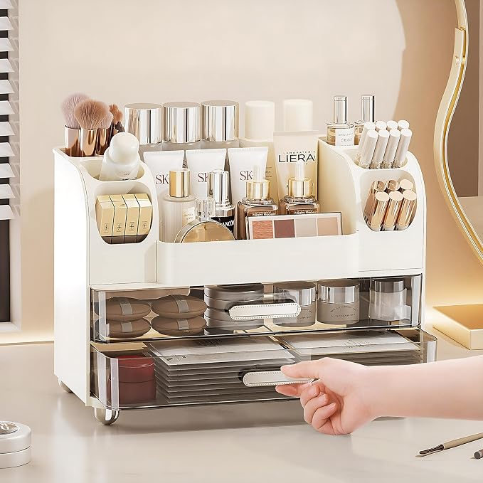 Large Makeup Organizer for Vanity - Perfume Cosmetic Display Cases | Skincare Organizers with 2 Drawers for Bathroom Dresser Desk, Easy to Store Brush Eyeshadow Lipstick Beauty Supplies, White