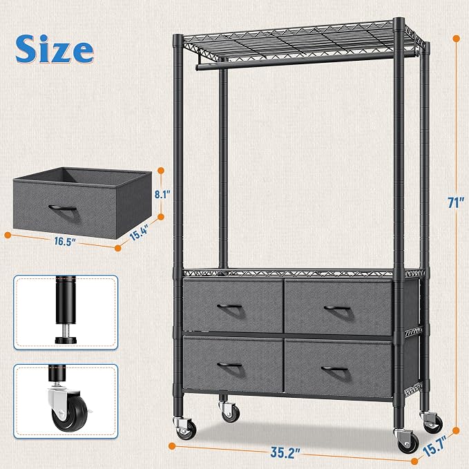 Raybee Clothes Rack Heavy Duty Clothing Rack with Rolling Wheels & 4 Drawers, Clothing Racks for Hanging Clothes with Drawers, Black