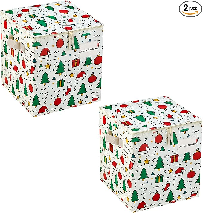 VENO 2 Pack Christmas Ornament Storage Box, Stores up to 64 Holiday Ornaments, Adjustable Dividers, Zippered Top, Storage bins with lids for holiday decorations-3 Inch Cube Compartments (Jingle Mix)