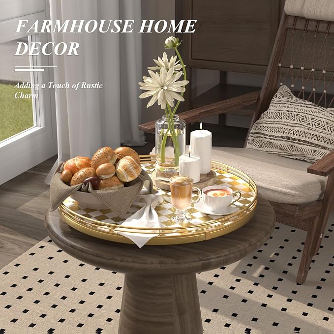 Premium Rubber Wood Lazy Susan Turntable, Glod White Checkerboard Decorative Serving Tray, Hand-Welded Metal Railing, Stable Rotating Organizer for Dining Table, Kitchen Counter, Coffee Table Decor