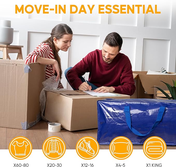 8 Pack Oversized Heavy Duty Moving Bags with Backpack Straps, Strong Handles & Zippers, Extra Large Storage Tote Moving Boxes for Space Saving, Blue