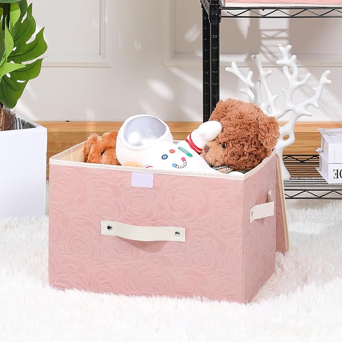 ANMINY Fabric Storage Bin with Lid Rose Print Storage Box Basket with PU Leather Handles Washable PP Plastic Board Decorative Foldable Lidded Shelf Cubes Closet Organizer Container - Pink, Large Size