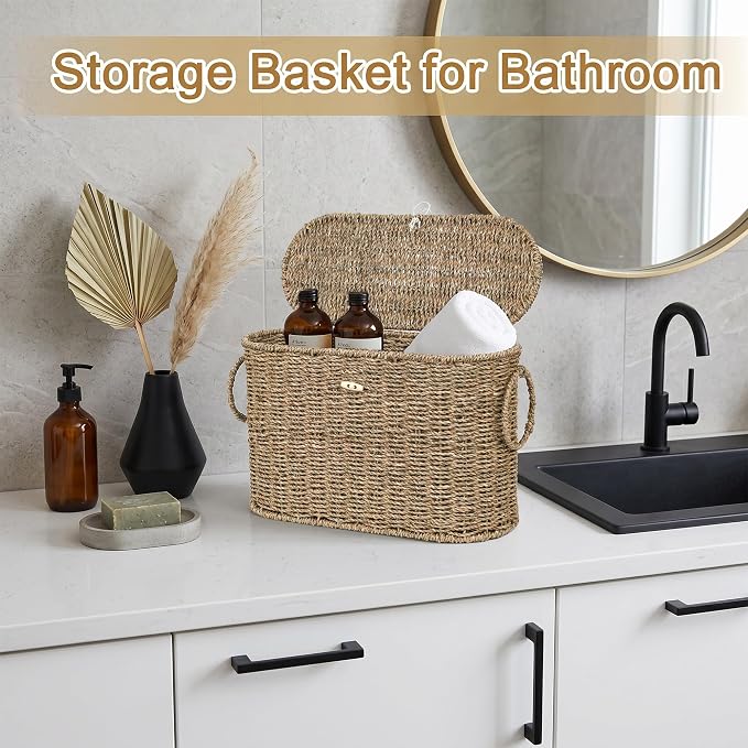 efluky Toilet Paper Storage Basket, Seagrass Slim Toilet Paper Holder with Lid- Holds Up to 9 Mega Rolls, Home Bathroom Decor Organizer