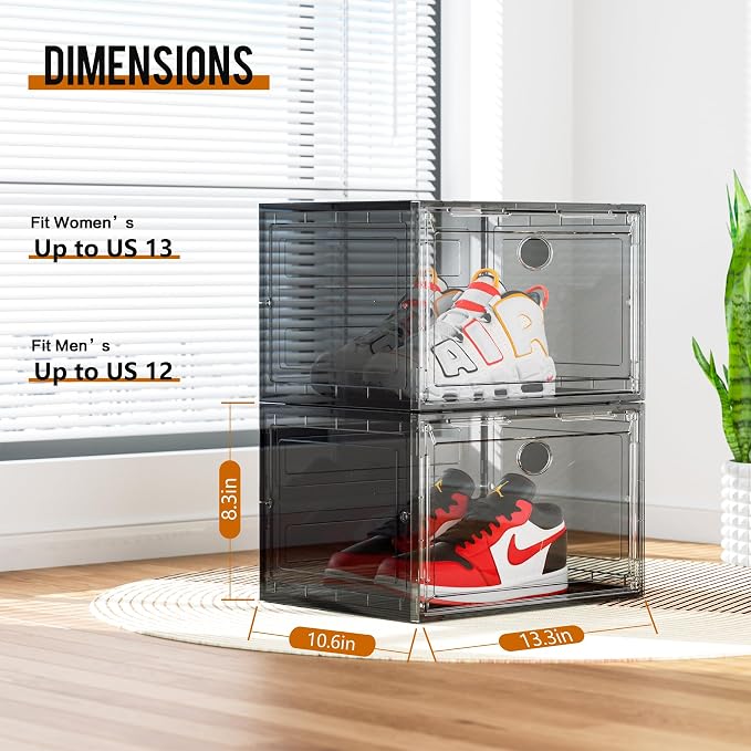 KEFA XL Shoe Storage Box Organizer, 8 Pack Shoe Boxes Clear Plastic Stackable, Sneaker Display Case Container Fit for US 13 (Side 8 PACK GREY)