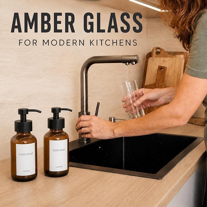 2 Pcs Amber Glass Foaming Soap Dispenser - 8.5 Oz Refillable Glass Foaming Hand Soap Dispenser, Non-Slip Bottom, 6 Moisture-Resistant Labels - Elegant Pump Bottles for Bathroom & Kitchen Counter Decor